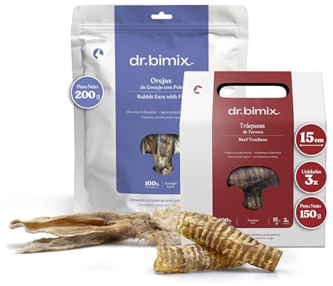 dr. bimix Confezione di snack naturali per cani, orecchie di coniglio con capelli da 200 g + Trachea di manzo 150 g, ricco di proteine e collagene, senza additivi