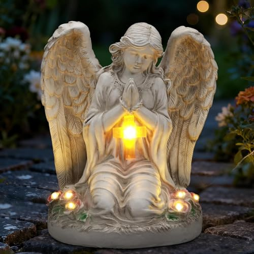IDEA SHOW Statue de jardin solaire avec croix LED - Figurine ange en résine résistante aux intempéries pour jardin, tombe et cimetière, lanterne funéraire solaire et ange commémoratif