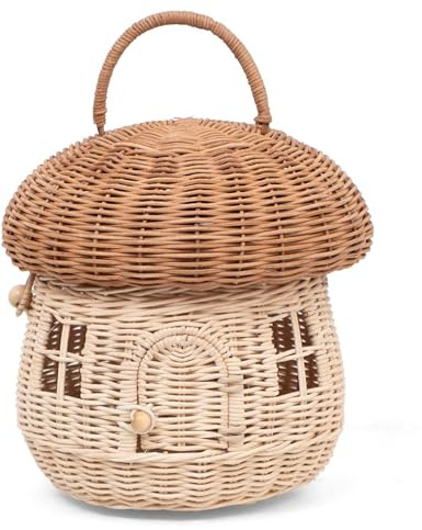 GON Design Pilzkorb aus Rattan – Handgeflochtener Mushroom Basket für Kinder | Aufbewahrungskorb mit Deckel | Kleiner Pilzkorb als Deko & Spielkorb – Natur Boho Stil