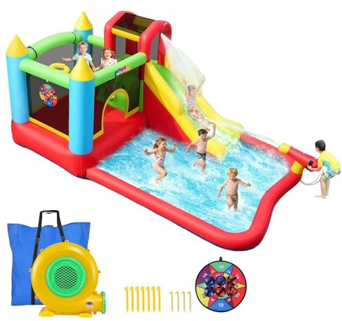 Toboggan Aquatique Gonflable pour Enfants de 3 à 12 Ans, Château Gonflable Combiné, Souffleur Homologué UL Inclus, Parc Aquatique Sec pour Jardin Intérieur/Extérieur (Connectable A)