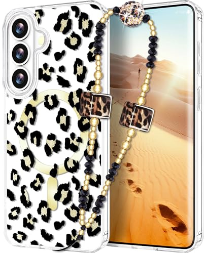 For Samsung Galaxy S26 Case Compatible with MagSafe Protective Glitter Cute Cover for Women Girls with Phone Charm Lanyard Wrist Strap, Shockproof Hard Shell Leopard | Compatible with MagSafe for Galaxy S26 Glitter Cute Cover for Women Girls with Lanyard Wrist Strap, Aesthetic Design