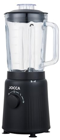 JOCCA - Blender avec bol en verre 1,5 l, 2 vitesses + impulsion, lames en acier inoxydable, système de sécurité, noir mat, 1000 W