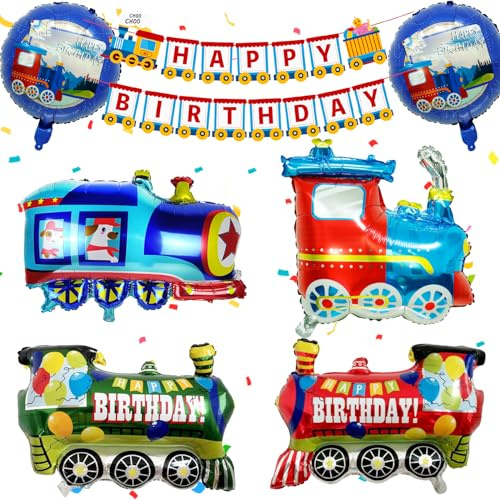 Ezydka Tåg, födelsedagsdekoration, folieballong, set med stora gröna, röda, blåa dragballonger, Happy Birthday-banderoll för tåg, dekoration, födelsedag, tema, festdekoration