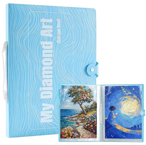 A3 Storage Book for Diamond Painting Kits, Diamond Art Portfolio Folder | Blue Art Accessories with 30 Pocket Slevees Protectors, Folder with Buckle & Carry Handle for Storage Painting Pictures Book