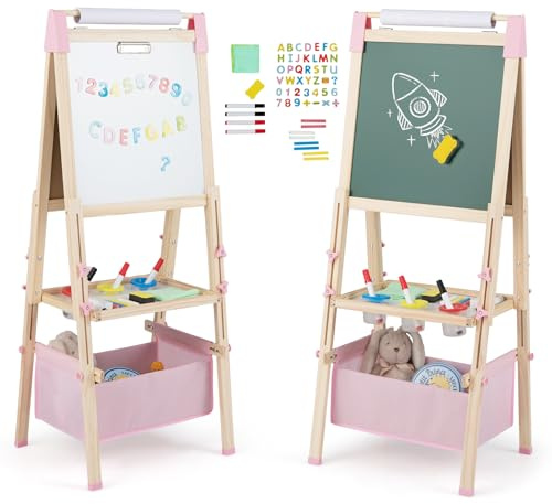 COSTWAY Kids Easel, Double-Sided Art Easels with Magnetic Whiteboard & Chalk Board, Paper Roll, Storage Tray, Height Adjustable Children Drawing Board for Girls Boys (Pink + Natural, 102-126cm)