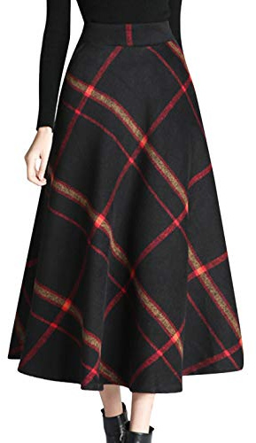 Tanming Women's Winter Warm Elastic Waist Wool Plaid A-Line Pleated Long Skirt (Black-M)