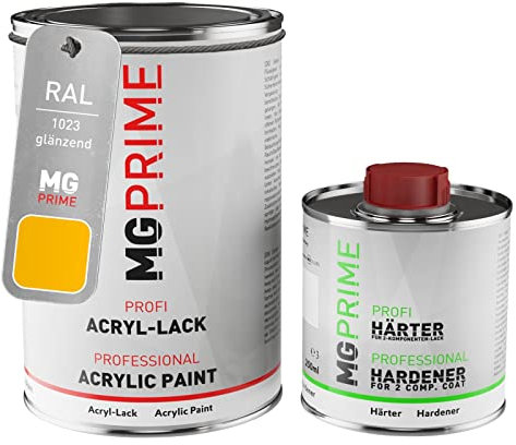 MG PRIME RAL 1023 Jaune signalisation/Traffic yellow brillant peinture acrylique 1,5 Litres / 1500 ml durcisseur inclus