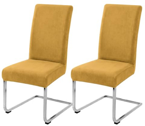 LANSHENG Samt Stuhlhussen 2er Set, Stuhlbezug Schwingstühle, Senf | Waschbar Stuhlhussen Schwingstühle, Stretch Stuhl Überzug für Esszimmerstühl, Küche, Restaurants, Hotels