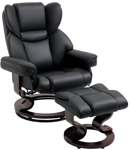 HOMCOM 360° Swivel Recliner Chair with Footstool PU Leather Black | Manual Recliner Armchair, Solid Wood Base, Upholstered, Living Room, Bedroom, Office
