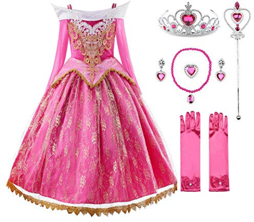 JerrisApparel Mädchen Prinzessin Spitze Kleid Rosa Schulterfrei Party Kostüm Verkleidung (6 Jahre, Rosa Mit Zubehör)
