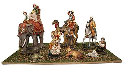 Presepe Natività Lusso con 10 soggetti Re Magi con ELEFANTI Fino a 10 cm CON BASE LEGNO Personaggi in Resina Giuseppe Maria Gesù Bambino, Bue e Asinello, Angelo, Pastore con Pecora