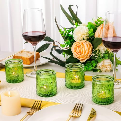 12PCS Glass Tea Light Candle Holders,6.6cm x 5.8cm Vintage Candle Jar, Coloured Tealight Holders, Votive Candle for Indoor, Outdoor, Garden, Dinner, Church, Weddings, Home Décor, Gifts (Olive Green)