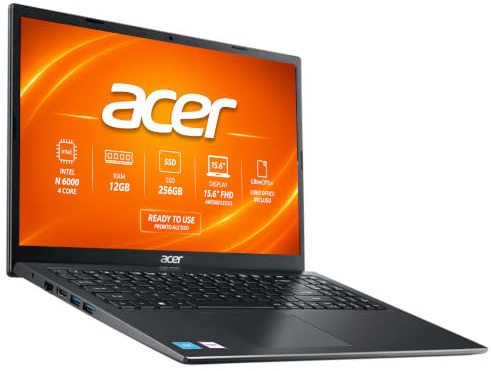 Acer Notebook SSD Intel N 6000 4 Core 15.6 FHD Antiriflesso | RAM 12GB, SSD 256GB, Display 15.6 FHD, Libre Office, ready to use