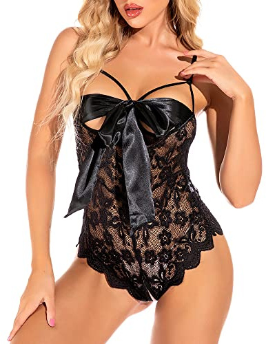 KOEMCY Lingerie Sexy Femme Dentelle Dos Nu Erothique Deshabillé Body Combinaison Babydoll One Piece Teddy Body Lace Satin Front Bowknot Pyjamas (Noir, XXL)