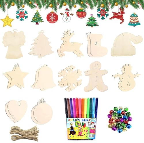 Weihnachten Holzanhänger, 24 Stück Bastelset Weihnachten, Basteln Weihnachten Kinder, Holzanhänger zum Bemalen Weihnachten, DIY Weihnachtsdekoration Holz, Baumschmuck Weihnachten