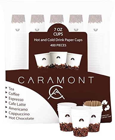Caramont,7 Oz 400 Gobelets en Carton avec Agitateurs en Bois,Écologique et Jetables,Résistant à la Chaleur,pour la Boisson Froide et Chaude en Carton de Qualité,Ideal pour Café,Thé,Anniversaire,etc.