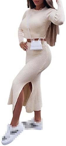 Alloaone Gerippte Strick-Sets für Damen, Herbst, lässig, Rundhalsausschnitt, langärmelig, Pullover + geteilter figurbetonter Rock, Anzüge, 03 Weiß, 42