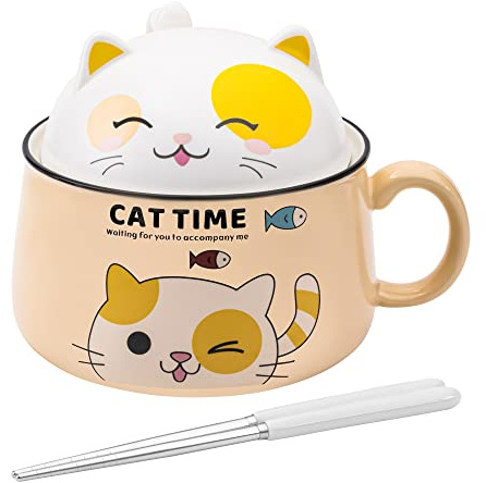 Tsreinh Ramen Bowl Set with Chopsticks, Cute Cat Instant Ramen Noodle Bowls with Lid, 34.5 OZ Extra Large Ceramic Soup Bowls with Handle, Japanese Ramen Cooker, Microwave safe (Yellow)