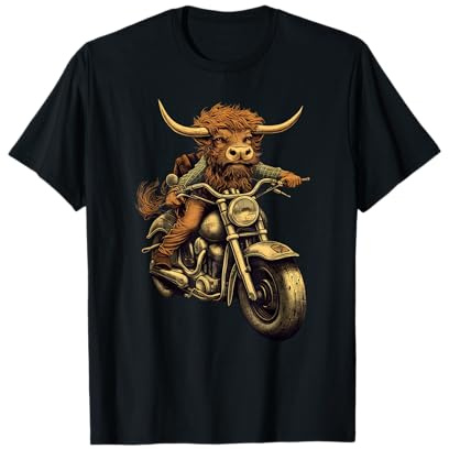 Scottish Highland Cow Cattle Hairy Cow Rides motorcycle men T-Shirt
