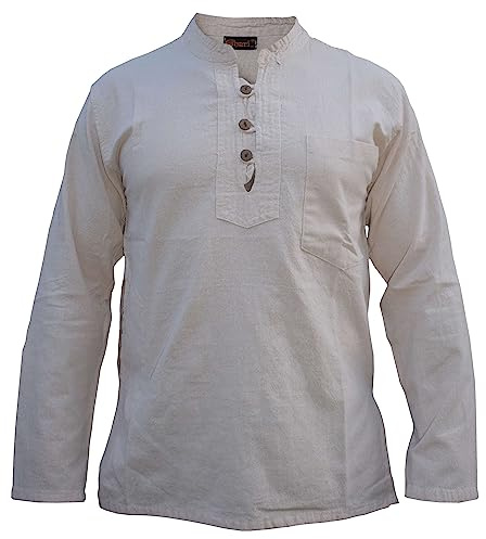 Gheri Bandkrage för män bomull farfar krage långärmad handgjord Oxford-skjorta, BEIgE, M