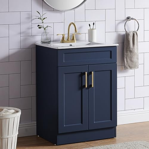 24 Inch Blue Bathroom Vanity with Sink, Small Bathroom Vanity, Modern Standing Bath Vanity and White 3-Holes Ceramic Sink Combo, 2 Closing Doors Bathroom Sink Cabinet with Golden Handles