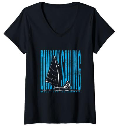 Damen Optimist Laser Segelboot Dinghy Segeln T-Shirt mit V-Ausschnitt, Schwarz, L