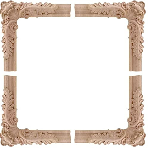 YOKIOU 4 Stück Holz Geschnitzte Applikation Applique Wood Appliques Vintage Style Geschnitzte Blume Ecke Onlay Möbel Nicht lackiert, Holzornamente für Möbel Tür Schrank Wand (12CM)