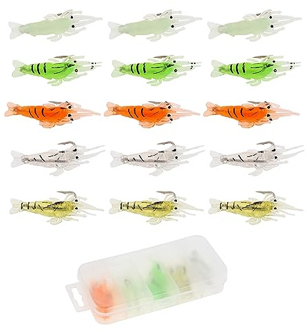 OriGlam 15pcs Soft Plastic Shrimp Lure Set - Artificial Fishing Bait With Hook for Freshwater and Saltwater