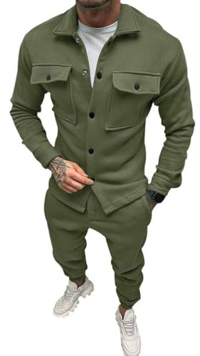 Oanviso 2 Teilig Herren Sportanzug Freizeitanzug Outfit Arbeitsjacke mit Knöpfen und Sporthosen Einfarbig Winterjacke Männer Cardigan Mantel Oversized für Frühling A Armeegrün M