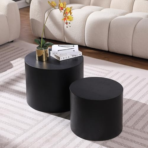 JUSTONE Nesting Coffee Table Set of 2 for Living Room, Modern Black Round Coffee Table End Table,Wooden Circle Side Table for Bedroom Balcony Lounge Home Office, No Assembling, Matte Black