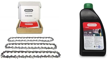 Oregon - Set mit 3 Kettensägeketten für 14 Zoll (35 cm) Kettenführungen und 1L Bio-Kettenöl, 57 Antriebsglieder, geringe Sprungkraft, kompatibel mit Husqvarna, McCulloch, Ryobi, Bosch und anderen