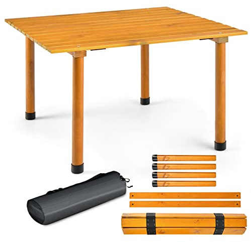 COSTWAY Campingtisch, aufrollbarer Picknicktisch aus Holz, tragbarer Allzweck-Outdoor-Tisch mit Tragetasche für Strand, Picknicks, Angeln und Partys, 69 x 69 x 42 cm