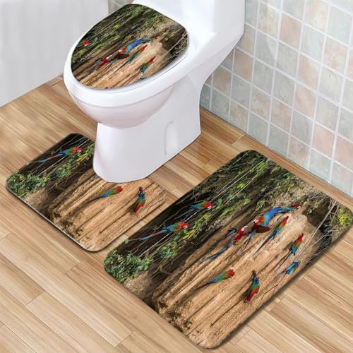 Badvorleger Set Papagei & Wald Badgarnitur 3 Teilig, Bodenvorleger U-förmiger WC-Vorleger WC-Deckelbezug, rutschfest, Waschbar für Badewanne, Dusche, Badezimmer
