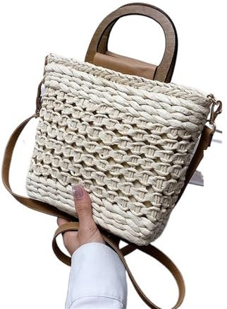 ETomey Strohtasche Sommer Top Griff Frauen Handgewebte Stroh Strandtasche Vintage Aushöhlen Handtasche Rattan Urlaub Kleine Umhängetasche Runde Strohtasche (Color : Beige, Größe : 23cm x 19cm x 8cm)