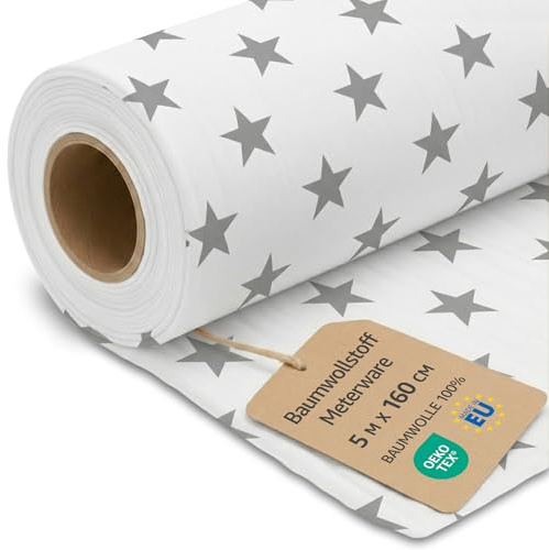 Stoff Meterware Baumwollstoff 5 M x 160 cm - Stoffe zum nähen aus reine baumwolle fabric futterstoff dekostoff für patchwork canvas und sewing nähstoff Oeko-Tex Graue Sterne auf Weiß