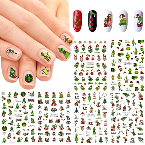 TaimeiMao Nagelsticker Weihnachten, 6 Blatt Selbstklebend, Nagelaufkleber, Nail Art Sticker, Cartoon, PVC, Nagel, Handy, Basteln, Sammelalbum, Grün, Einmalgebrauch, Indoor, Weihnachten