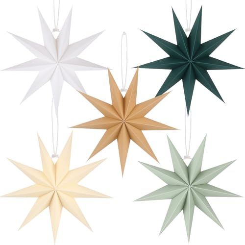 BestoFun 5 Stück Papiersterne Weihnachten Braun 30cm Beige 9 Zacken Papiersterne Faltsterne Dunkelgrün Aufhängen Weiß Salbeigrün Weihnachten Dekoration für Tischdeko Weihnachten Zimmer Hochzeit