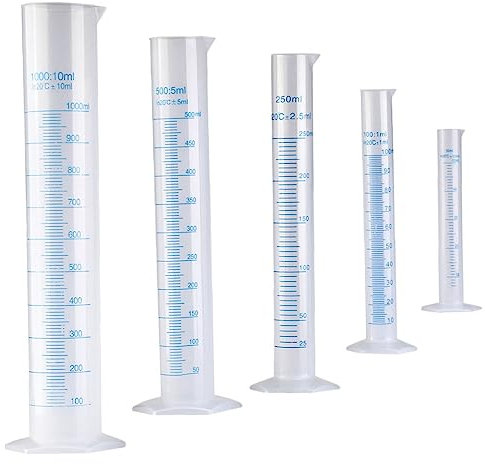 PRETYZOOM Cilindros De Medición Profesionales De Plástico 5 Piezas (50ml, 100ml, 250ml, 500ml, 1000ml) Escala Graduada, Base Hexagonal Estable, Aptos Para Laboratorio, Cocina y Escuela