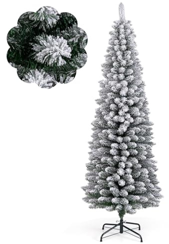 COSTWAY Künstlicher Weihnachtsbaum mit Schnee, 180 cm Bleistift Tannenbaum mit 460 Zweigspitzen & klappbarem Metallständer, schlanker Christbaum, Kunstbaum Weihnachten für Zuhause, Büro