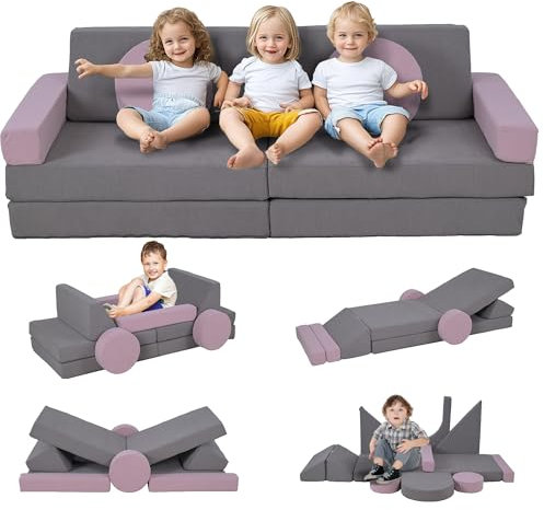 AIYAPLAY Spielsofa, 12-Teilige Kindersofa, Abnehmbar Modulare Kindercouch, Vielseitige Softbausteine, DIY-Festungen zum Spielen für Kinder ab 18 Monaten, für Spielzimmer, Schlafzimmer Grau+Rosa