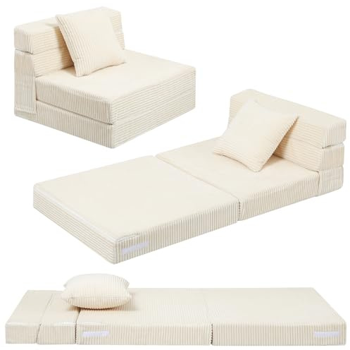MeMoreCool Kids Sofa Bed, Toddler Folding Futon Chair Bed, Beige