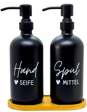 BoBoU Seifenspender 2er Set aus Glas, Schwarz Matt, 500 ml | Edelstahl-Pumpenkopf, Bambustablett, Keramik-Optik, handgeschriebener Text