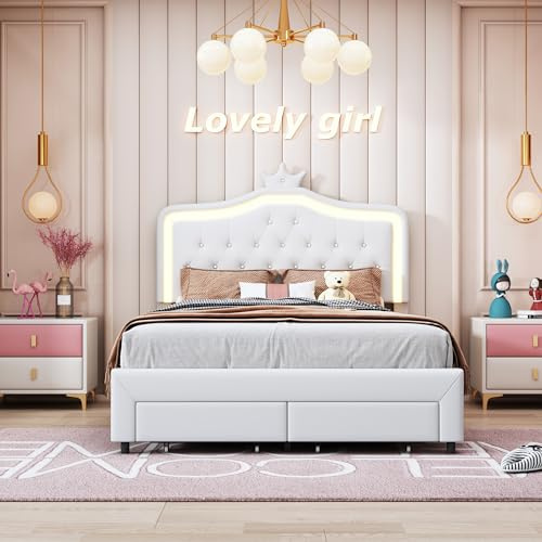 Letto per bambini, Letto imbottito 140x200 cm per Bambini LEtto imbottito per bAmbini Corona da principessa con LED LeTto singolo con testiera e rete a doghe LettO per ragazze con cassetto