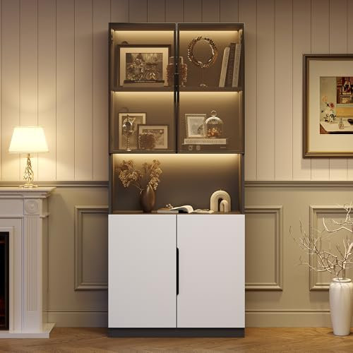 Merax (1PC Glasvitrine mit Led Beleuchtung, Vitrinenschrank mit 3 Regalböden, Bücherschrank mit Glastüren, Mehrfunktional Bücherregal für Wohnzimmer, Küchen, Büro, Weiß, 80x30x200cm