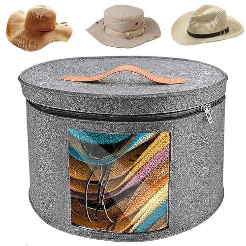 Rangement Pour Chapeaux Avec Couvercle, Grand Organisateur De Chapeaux Pliable, Boîte De Chapeaux Pliable En Feutre, Boîte à Chapeaux Ronde En Feutre, 42 x 26 cm Fenêtre Transparente (Gris moyen)