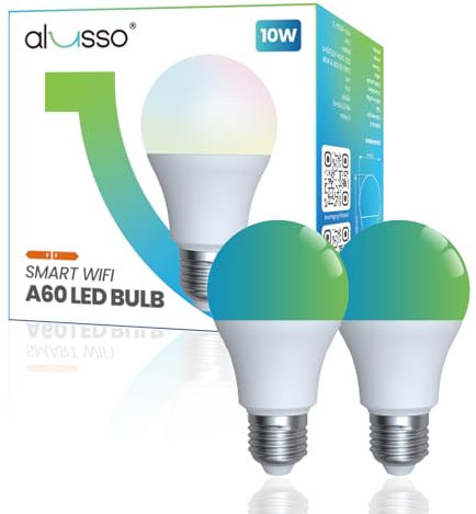 ALUSSO Smart Bulb E27 WiFi Light, 10W 800LM LED 2700K-6500K RGB Multicolored Dimmable, Smart Life App Control Compatible with Alexa, No Hub Required, 2 Pack