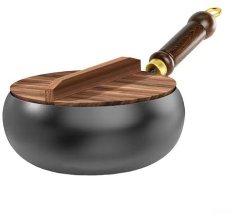 Casserole en fonte, poêle en fer forgé à la main avec poignée en bois, wok anti-adhésif de 75,2 cm sans revêtement, poêle chinoise traditionnelle multifonctionnelle pour induction et cuisinière (B)