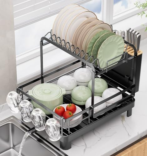 Runnatal 2-Tier Dish Drying Rack, Large Dish Rack with Drainboard Set, Detachable 4-in-1 Large Capacity Dish Drainer Over The Sink Anti-Rust for Kitchen Counter, Black