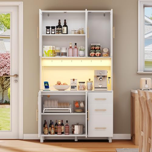 Oslghy Küchenschrank Hochschrank, Buffetschrank mit LED Lichter und 2 USB, 2 Steckdosen, Vorratsschrank Küche Hoch mit 3 Schubladen und Verstellbare Ablagen, 183cm Geschirrschrank Esszimmer (White)