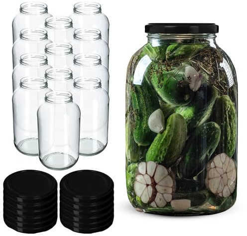 KADAX Set di 12 Barattoli in Vetro 4L con Coperchio a Vite fi100mm per Cetrioli, Kombucha, Kimchi | Vasi Conserva Apertura Larga per Fermentazione e Sottaceti (Nero)